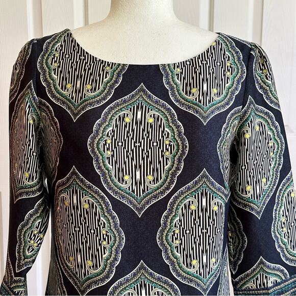 Laundry Shelli Segal Dress Blue Teal White Retro Print 3/4 Sleeve Shift Size 2 - Picture 3 of 12